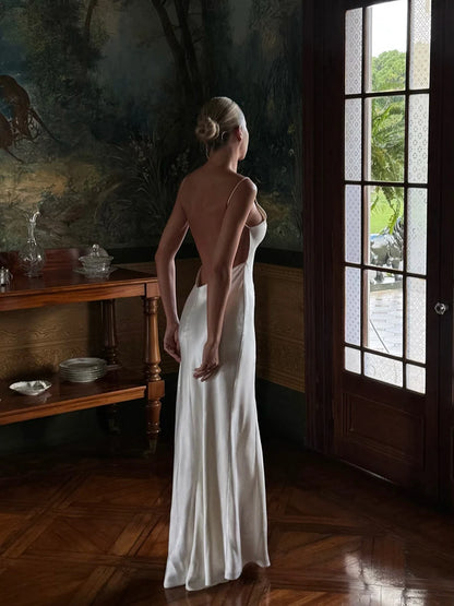 Luxury White Satin Backless Veatido Women Sexy Spaghetti Strap V-neck High Split Midi Dress Vacation Evening Party Beach Outfits