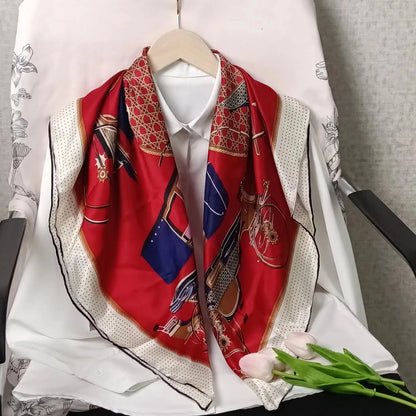 Luxury Retro Printed Silk Bandana Square Scarf, 90 * 90CM, Women's Fashionable Tie Headscarf, Casual Shawl, Belt