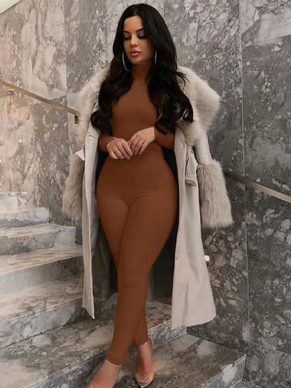 Hugcitar Fall Long Sleeve Solid Turtleneck Sexy Skinny Bodycon Jumpsuit Women Fashion Streetwear Sport Casual Romper Overalls