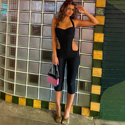 Women Fashion Sexy Hollow Out Halter Backless Skinny Knee Length Jumpsuits Solid Strapless Booty Lifting Slim cASUAL oVERALLS