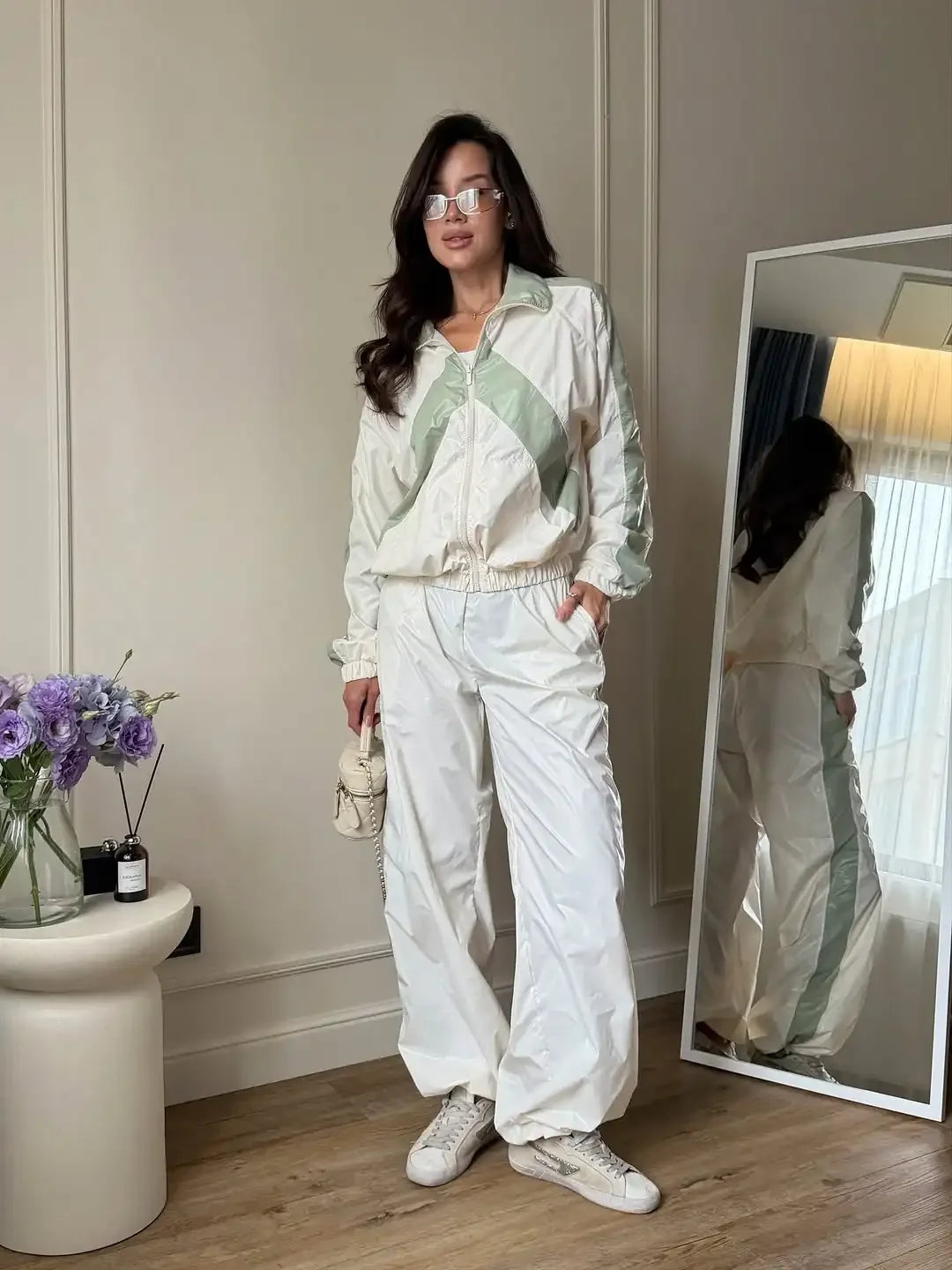 Chevron Stripe Windbreaker Tracksuit Women Casual Zip Cropped Jacket Contrast Trim Shorts Suit Lady Daily Jogging Street Outfit