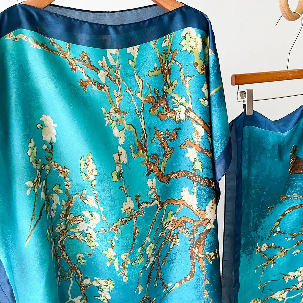 Women Boho Print Maxi Caftan Beach Shawl Elegant Holiday Silk Feeling Party Dress Scarf Summer Robe Turban Suit Pashmina Poncho