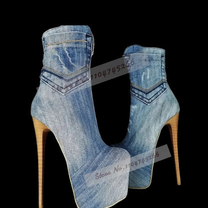 Wooden Stripe Pattern Stiletto Heel Ankle Boots Brown Suede Denim Platform Short Booties Elegant Fall Winter Outside Dress Shoes