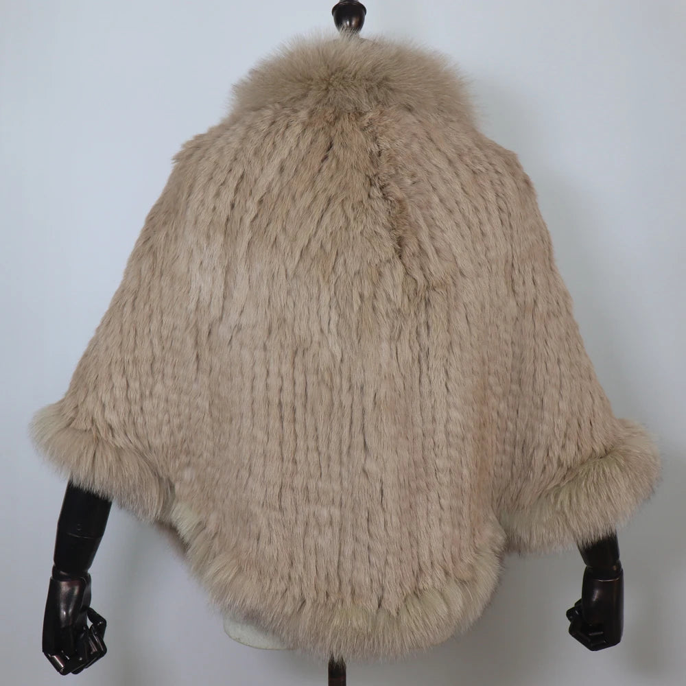 Women 100% Real Rabbit Fur Shawl Scarf With Fox Fur Collar Winter Warm Knitted Rabbit Fur Poncho Girls Party Fashion Accessories
