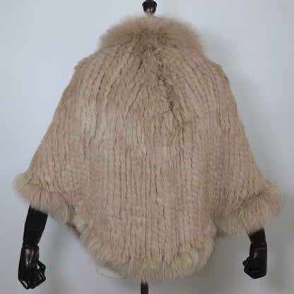 Women 100% Real Rabbit Fur Shawl Scarf With Fox Fur Collar Winter Warm Knitted Rabbit Fur Poncho Girls Party Fashion Accessories