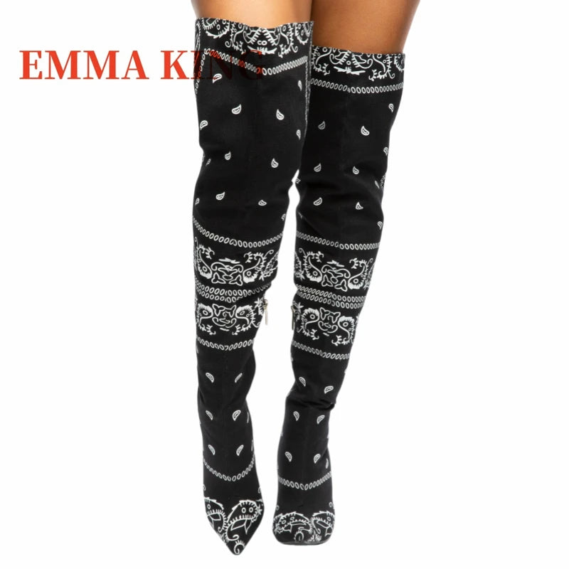 Autumn Winter Women Thigh High Boots Bandana Prints Bad Girl Heels Shoes Pointy Toe Silk Stiletto Botas Altas Mujer Size 35-44