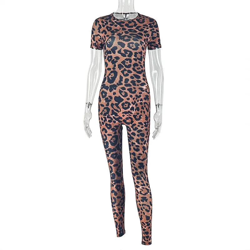 Popular Leopard Jumpsuits Sexy Mesh Thin Short Sleeve Round Neck Skinny Overalls Female Classic Attractive One Piece