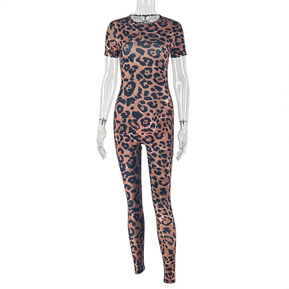 Popular Leopard Jumpsuits Sexy Mesh Thin Short Sleeve Round Neck Skinny Overalls Female Classic Attractive One Piece