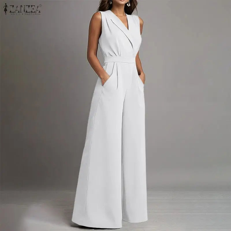 ZANZEA Women Jumpsuits Solid Sleeveless V Neck Rompers Elegant Office Ladies Clothing European Bottoms Pockets Casual Overalls