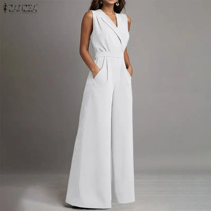 ZANZEA Women Jumpsuits Solid Sleeveless V Neck Rompers Elegant Office Ladies Clothing European Bottoms Pockets Casual Overalls
