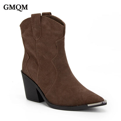 GMQM 2025 Women's Comfort Ankle Booties Brown Cowboy Western Boots Metal Heels Block Wide Calf Pointed Toe Slip On Casual Shoes