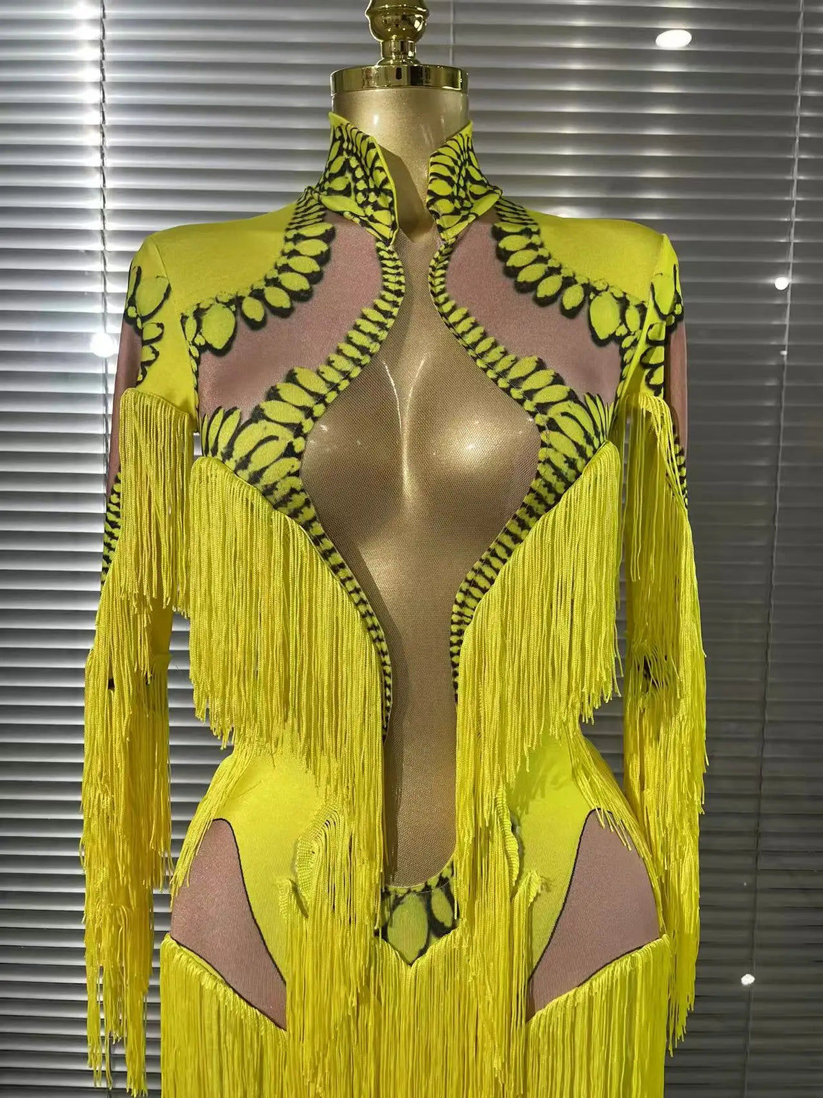 Yellow Tassel Jumpsuit Women Long Sleeve Spandex Skinny Fringe Leotard Sexy Stage Wear DJ Singer Dancer Party Show Costume