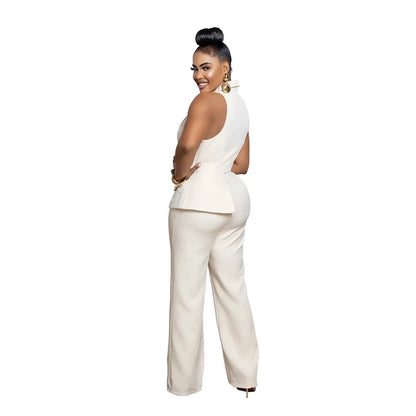 CMYAYA Elegant Womenv-neck High Waist Straight Sleeveless Blazer Jumpsuits 2024 Fall Street Chain Office Lady Party Rompers