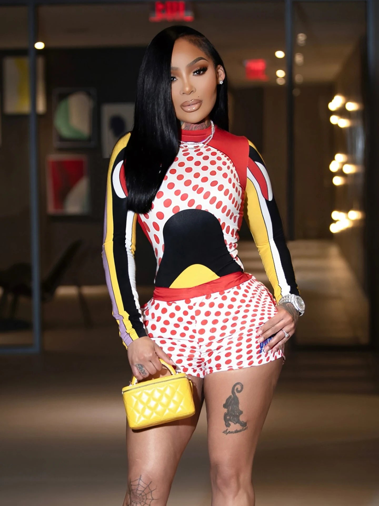Sisterlinda Trend 2 Piece Set Women Sexy Colorful Print O-Neck Full Sleeve Patchwork T-Shirt+Polka Dot Bike Short Streetwear