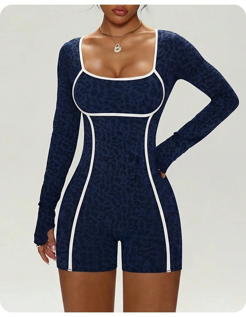 Women's Leopard Print Long Sleeve Yoga Jumpsuit Slim Fit One Piece Workout Romper Shorts Athletic Fitness Bodysuit