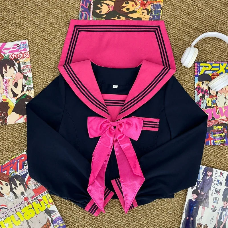 Japanese Dark College Style Rose Red Three Sailor Suit JK School Uniform,Slim Pleated Skirt Set for Campus Daily Graduation Wear