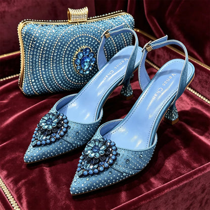 Latest Women Italian Shoes and Matching Bags Decorated with Rhinestone Elegant Pointed Toe Wedding Shoes Bride