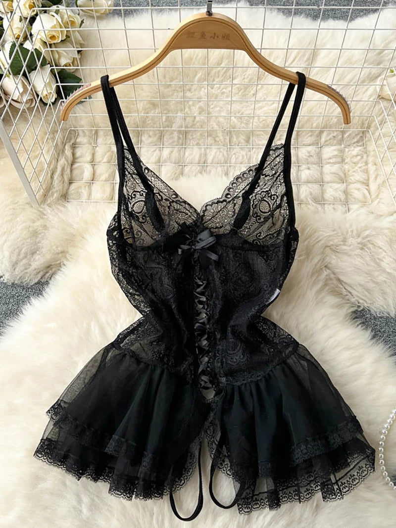 Coquette Lace Lingerie Set Sexy Mesh Bodysuit Valentines Day Sleepwear Gothic Strappy Catsuit Intimate Nightwear Romper