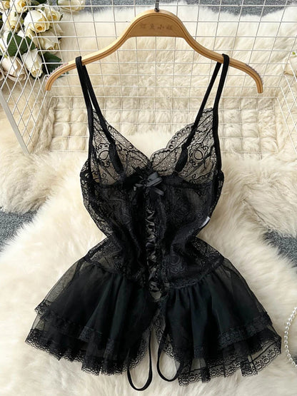 Coquette Lace Lingerie Set Sexy Mesh Bodysuit Valentines Day Sleepwear Gothic Strappy Catsuit Intimate Nightwear Romper