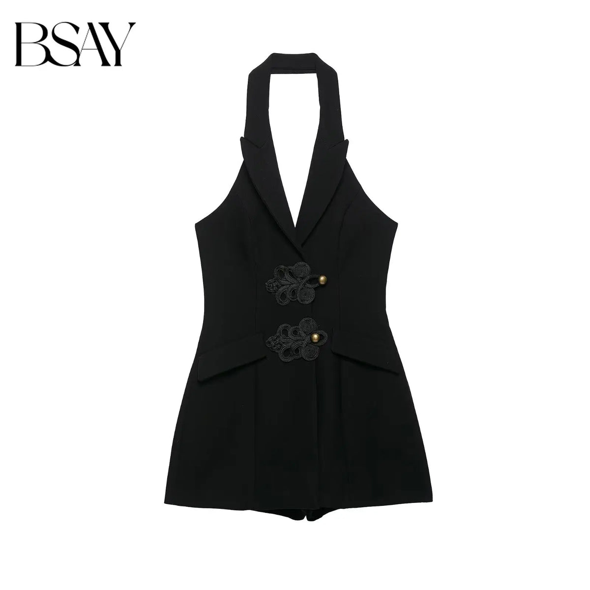 BSAY Women Black Halter Blazer Jumpsuit Lapel Collar Chinese Knot Buttons Sleeveless Slim Fit Short Rompers Elegant Party Outfit
