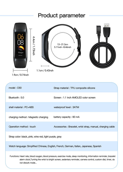 LIGE 1.1 Inch Amoled Heart Rate Monitor Smart Bracelet Wristband Slim Smart Watch Men Women Waterproof  Fitness Tracker Band