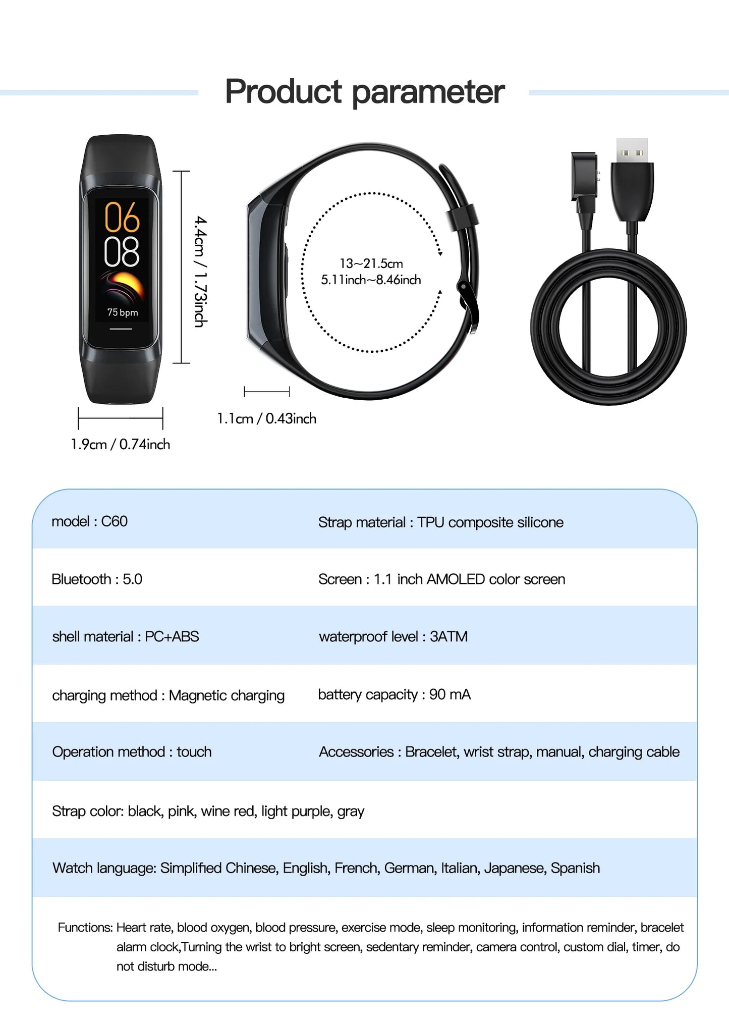 LIGE 1.1 Inch Amoled Heart Rate Monitor Smart Bracelet Wristband Slim Smart Watch Men Women Waterproof  Fitness Tracker Band