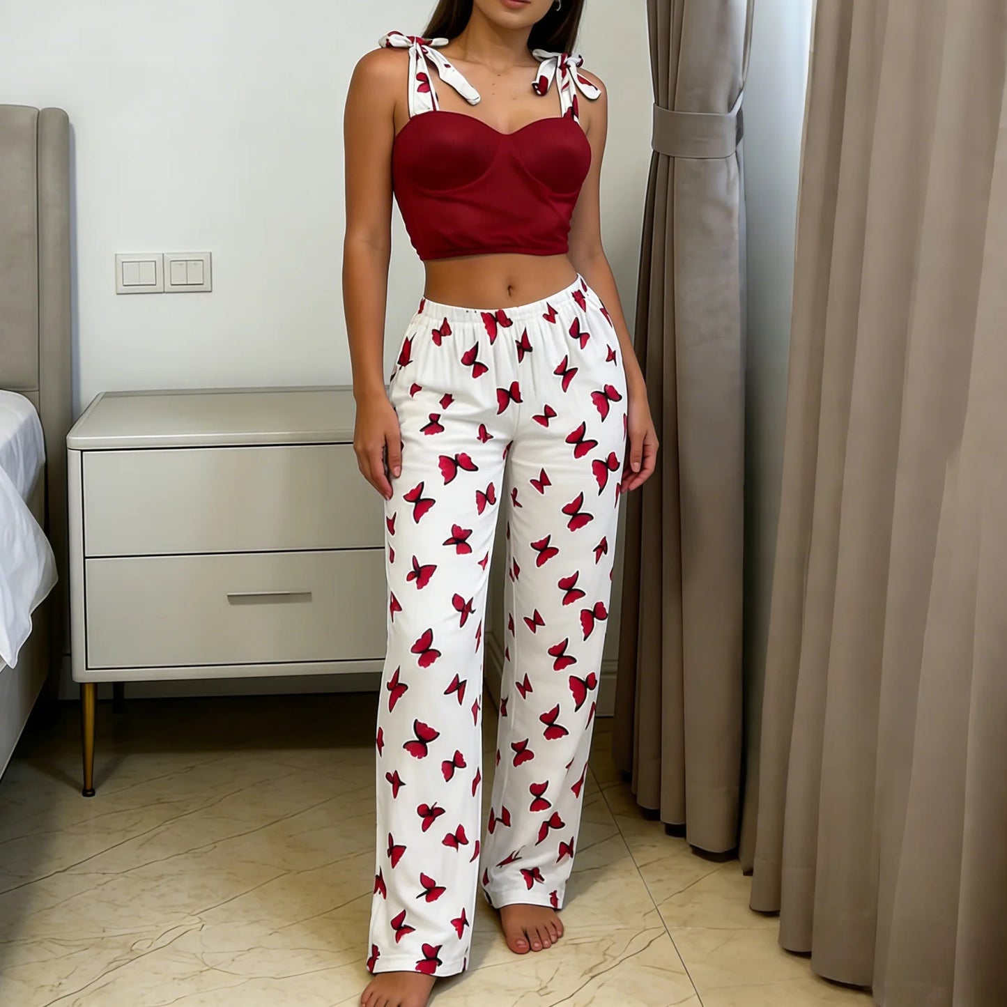 Women's Butterfly Print Tie Strap Cami Long Pants Pajama Set Summer Sexy Lounge Wear 2 Piece Set Female Soft Sleepwear