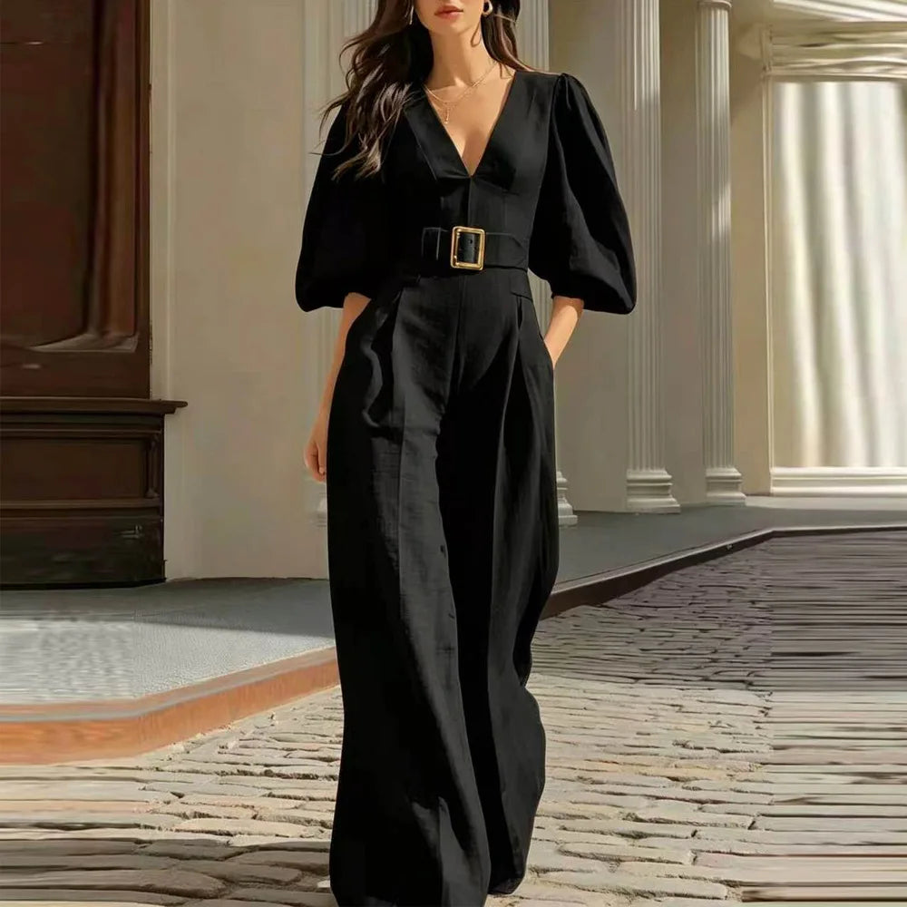 Elegant Jumpsuit Women's V Neck Puff Sleeve Belt Free Wide Leg Casual Rompers Workplace Urban Commuting Business Sexy Jumpsuites