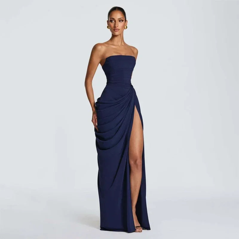 Solid Pleated Strapless Women's Dress Backless Off-shoulder High Waist Split Female Dresses 2026 Sexy Summer Evening Party Gown