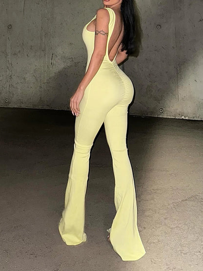 Women's slim fit solid color bell bottom pants sexy suspender jumpsuit pants