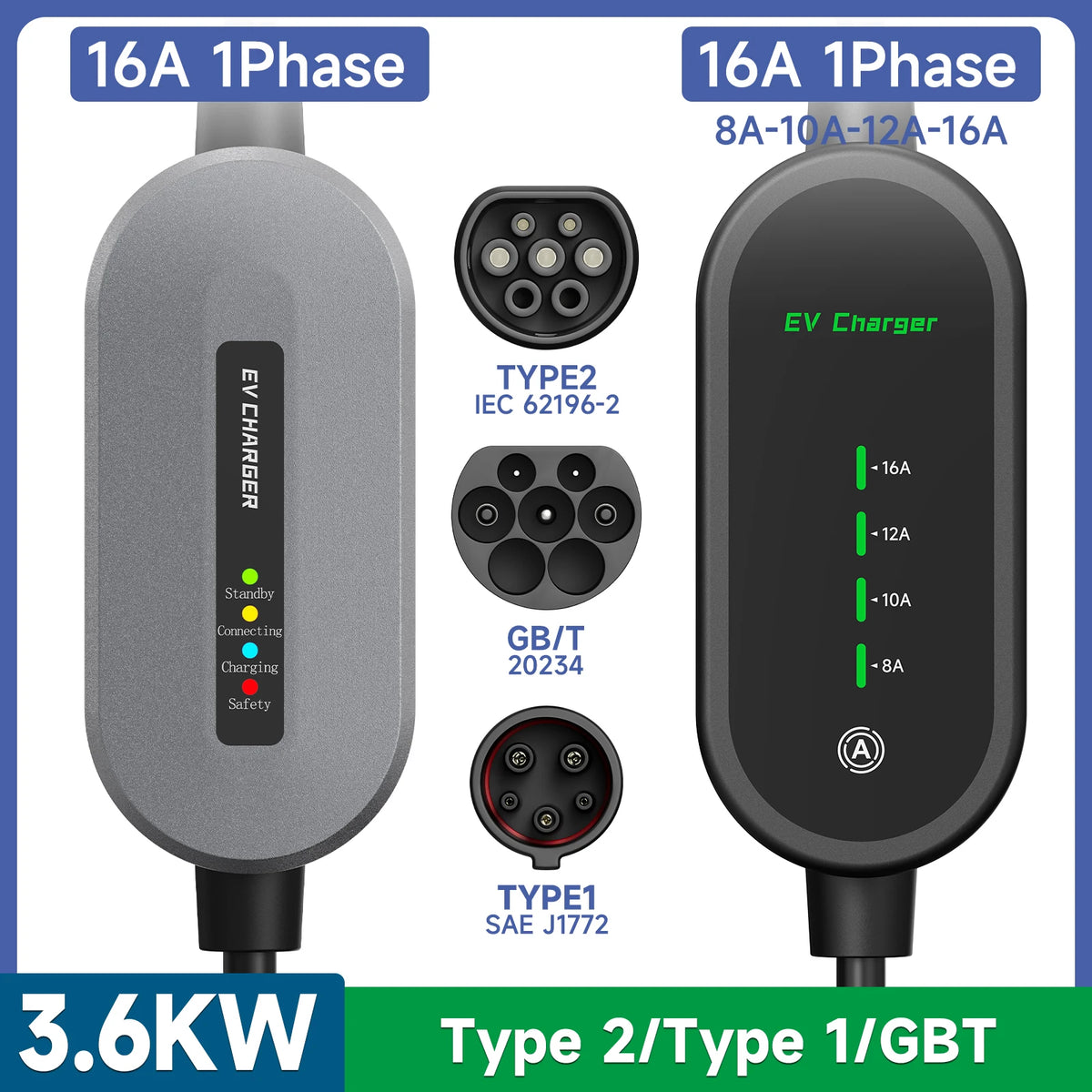 AFEEV 3.5KW EV Charger  Type 2 Portable Charger GB/T 16A 1Phase Type 1 3.5m Wallbox Charging Station for Electric Car Charger