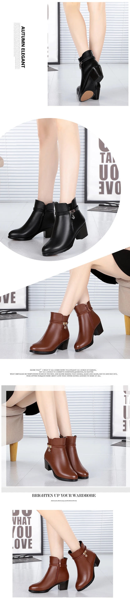 WOIZGIC Women's Ladies Mother Famale Winter Ankle Genuine Leather Fur Warm Wool Plush Shoes Boots Zipper Mid Heel Plus Size 43