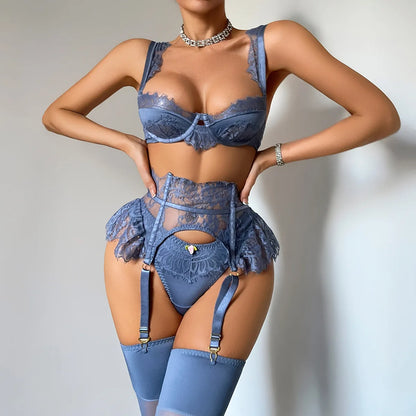 Sexy Blue Eyelash Lace Lingerie Set 4Pcs Satin Bra Peplum Ruffle Garter Belt with Rosebud Panties Stockings Women Nightwear