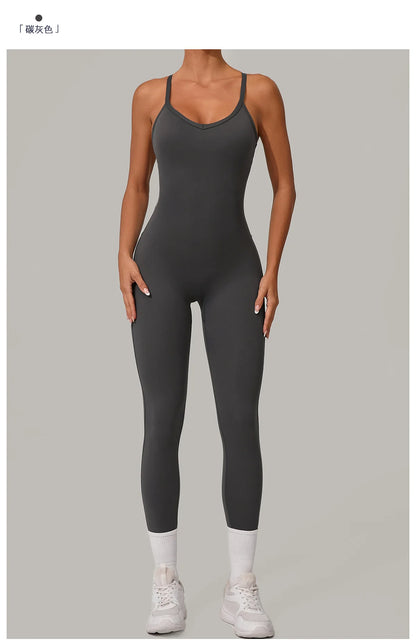 New Nylon Pad V-Neck Wrap Yoga Bodysuit - Adjustable Hook Tummy Control Butt Lift Workout Jumpsuit