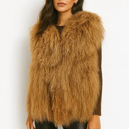 Lady Real Mongolian Sheep Fur Vest Thick Warm Winter Sleeveless Jacket Length 62 cm 250801