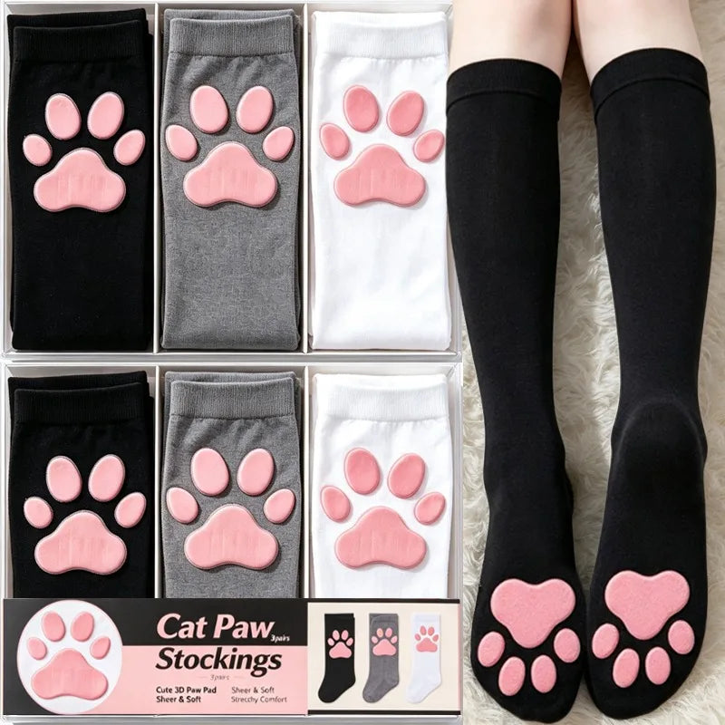 3D Cat Paw Thigh High Transparent Stockings Japanese Style Cute Pink Paw Print Sheer Tights Kawaii Lolita Cosplay Long Socks
