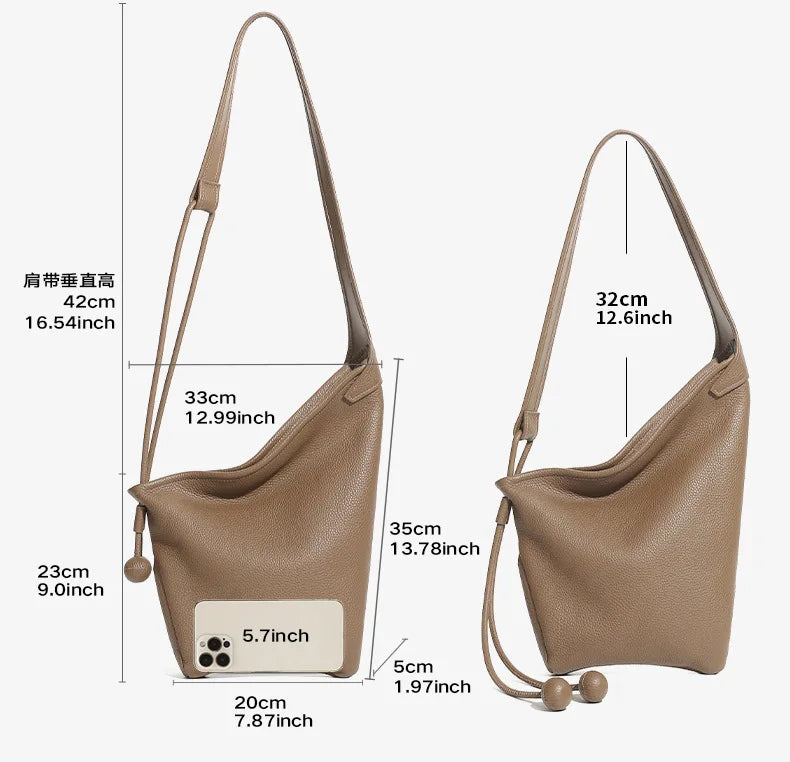 Women's Genuine Grade Cow Leather Handbags Luxury Designer Ladeis Shoulder Crossbody Bucket Bags for Woman Cowhide Underarm Bag