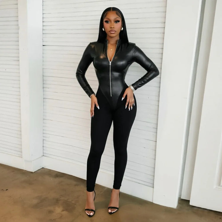 FLARORA Fashion Pu Leather Patchwork Jumpsuits Woman Stand Collar Full Sleeve Zip Skinny Peach Hip Midnight Party Club Overalls