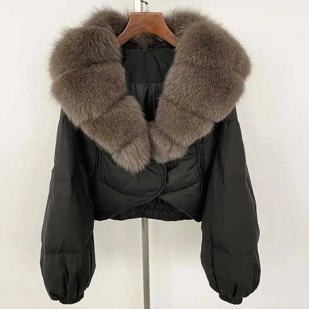 Winter Female White Duck Down Jacket Luxury Loose Short Fashion Casual Women Warm Real Fox Fur Coat Long Sleeve Puffer Jacket