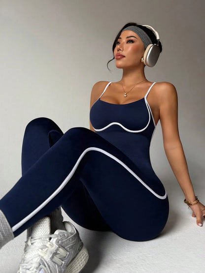 U-Back Contrast Trim Yoga Bodysuit Adjustable Thin Strap One Piece Workout Jumpsuit High Stretch Butt Lifting Gym Fitness Romper