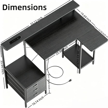 Ergonomic Computer Desk with Monitor Stand, RGB LED Gaming Desk, Featuring a Built-in Charging Station, Power Outlets, and USB Ports, Complete with Storage Drawers and a Fold-Out Side Table; Ideal for Home Offices and Gaming