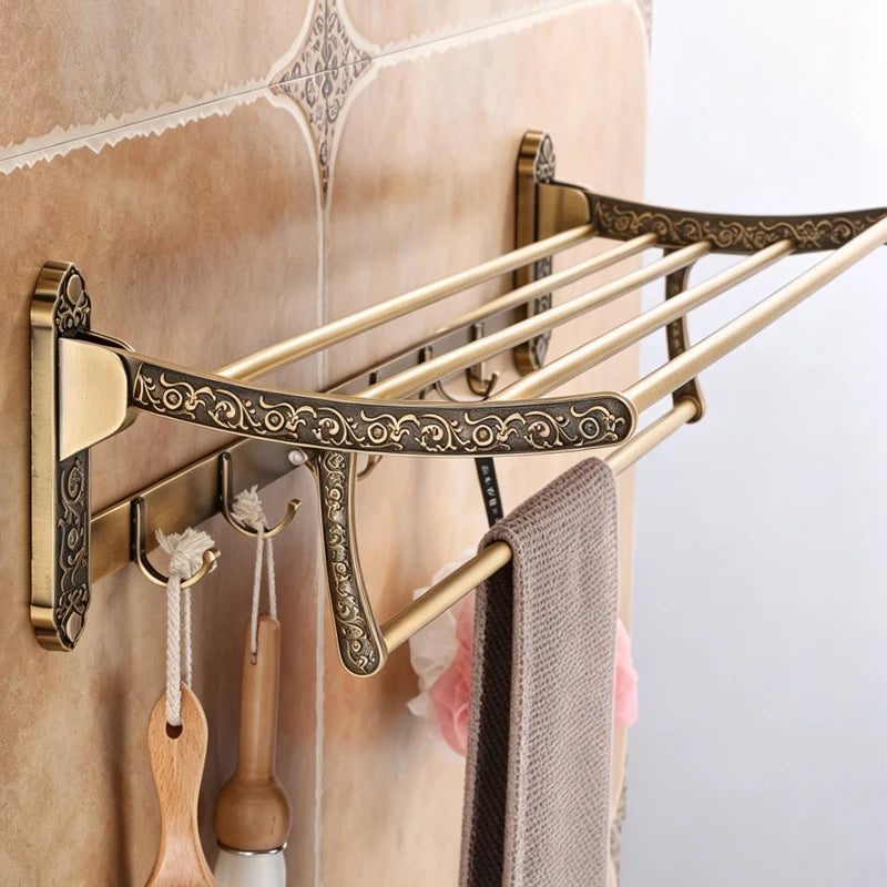Aluminum Foldable Antique Brass Bath Towel Rack Active Bathroom Towel Holder Double Towel Shelf With Hooks Bathroom Accessories