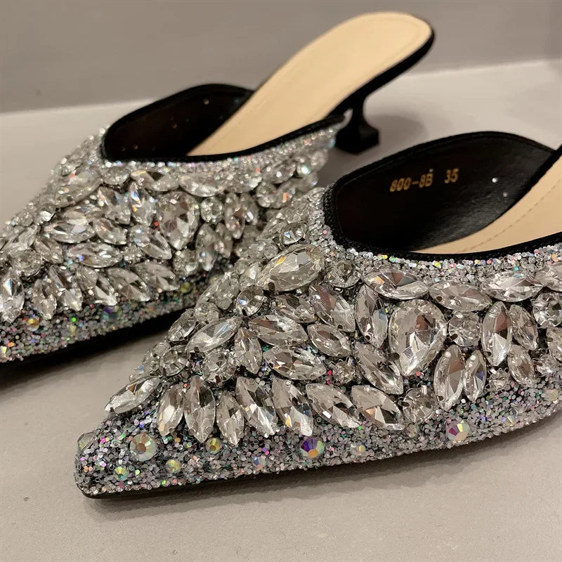 Luxury Rhinestone Sandals Women Slingback Slippers Female Fashions Low Heel Flip-flops Shiny Pointed Pumps Women Mules Slippers