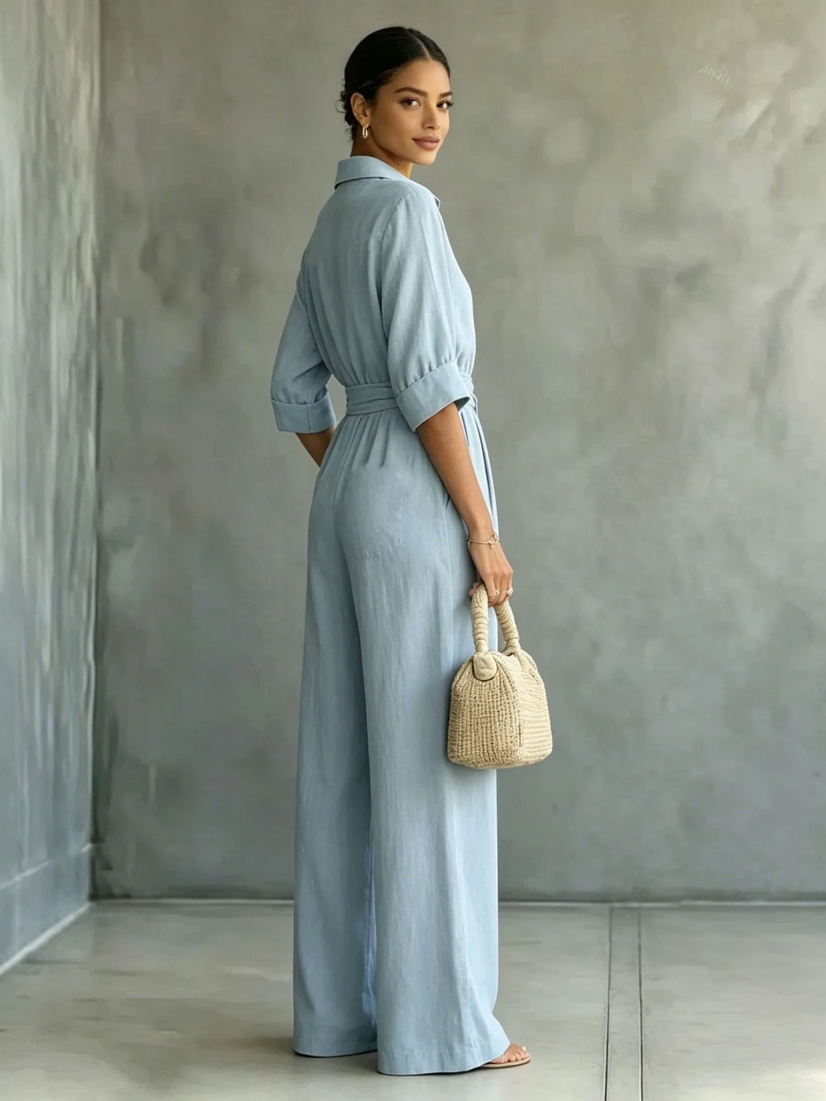Women's Mid-sleeve Shirts Jumpsuits Spring Summer New 2026 New Fashion Elegant Waisted Lace-up Wide-leg Trousers Female Rompers