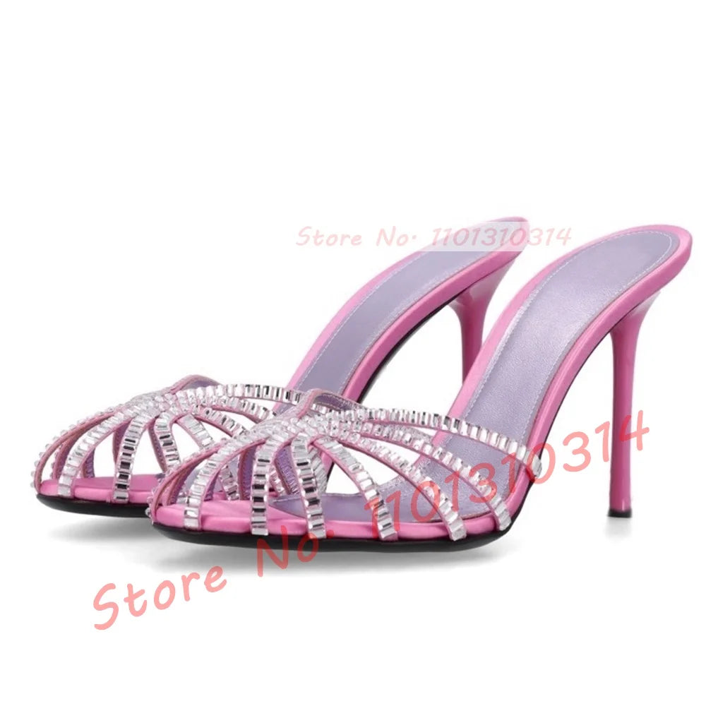 Gemstone High Heel Silk Slippers Women Luxury Caged Stiletto Heels Metallic Slippers Ladies Stylish Cross Strap Summer Shoes