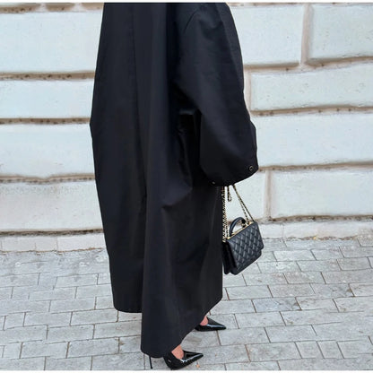 Women Black Long Solid Color Trench Coat Stand Collar Loose Drop Shoulder Single-breasted Windbreaker Lady Commute Outing Wear