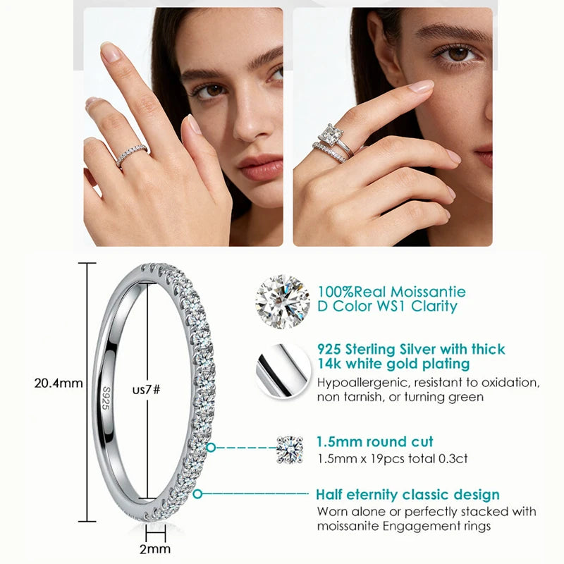 WES Moissanite Full Eternity Ring Wedding Band 925 Sterling Silver D Color VVS1 Lab Anniversary Engagement Stackable Women Ring