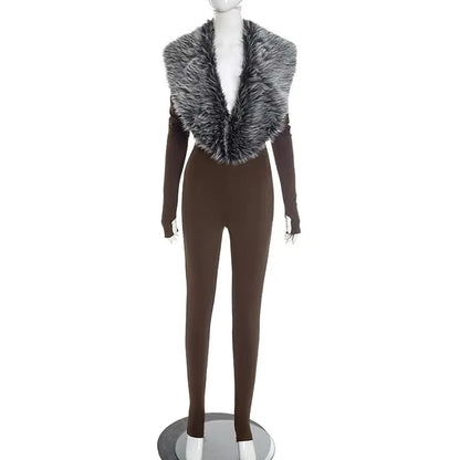 Sexy Bodycon Jumpsuits Women Faux Fur Collar Cut Out Long Sleeve Slim Fit One Piece Rompers Party Streetwear 2025 Fall Winter