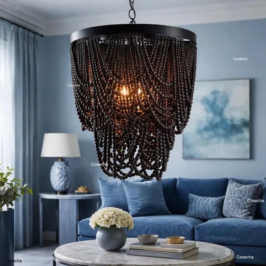 Black French Country Chandelier Large Hanging Lights Dia60 H65cm Living Room Boho Wood Bead Chandelier For Bedroom Dining Room
