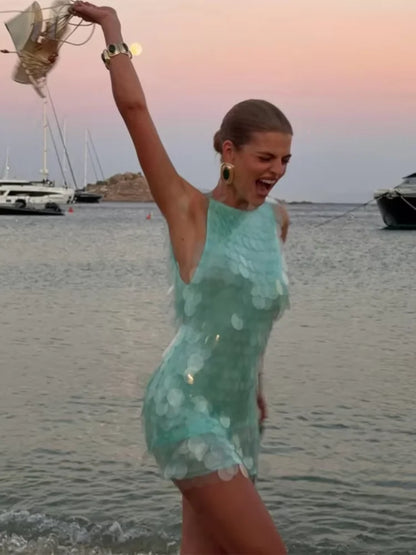 Women's 2026 Light Blue Halter Sequin Dress Sleeveless Loose Large Sequin A-Line Mini Dress Summer Evening Party Shining Gown